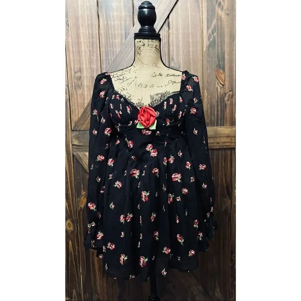 For Love & Lemons Wren Black Embroidered Rose Mini Dress Women’s Sz XS